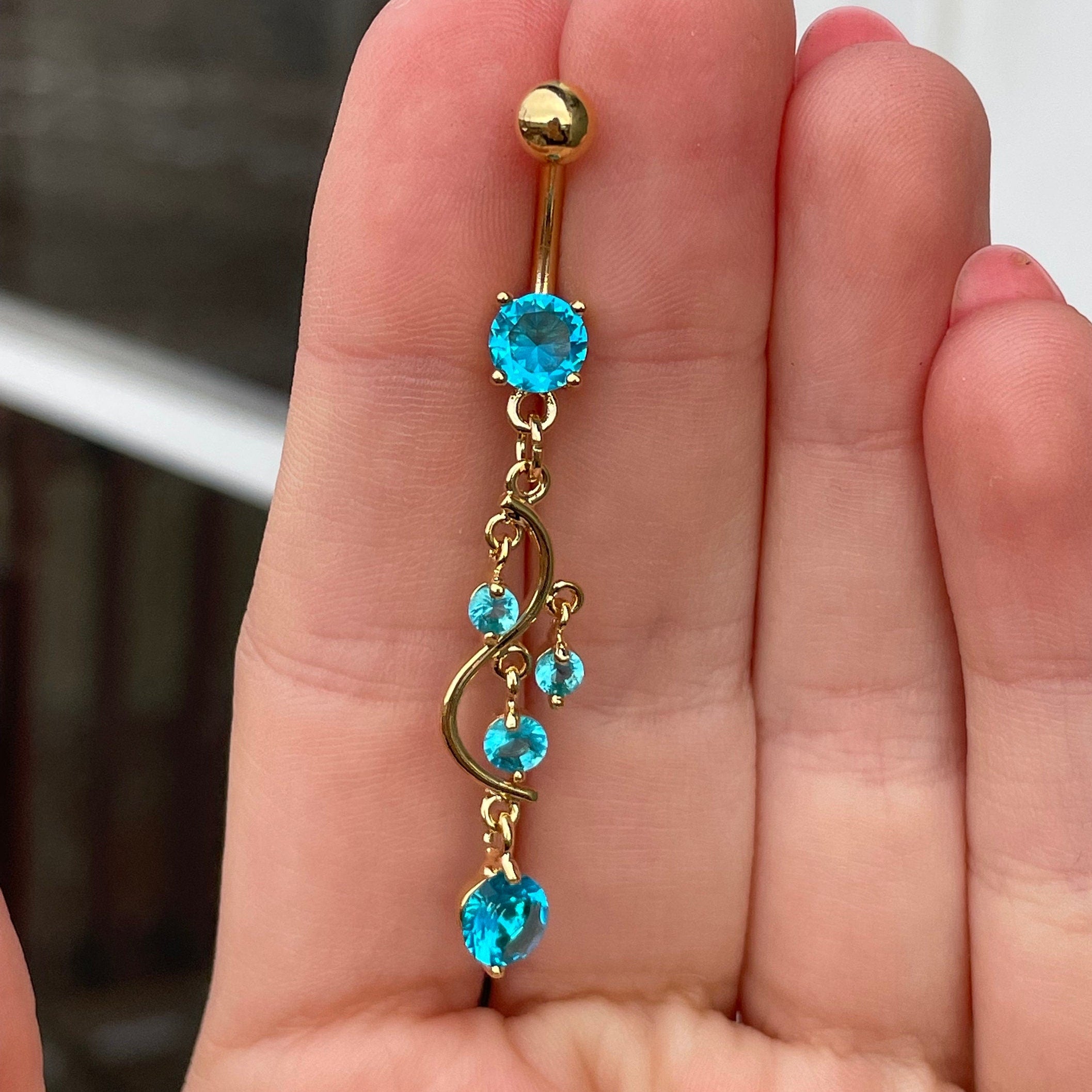 Gold Aqua Belly Button Ring Dangly (14G | 10mm | Surgical Steel | Multiple Color Options)