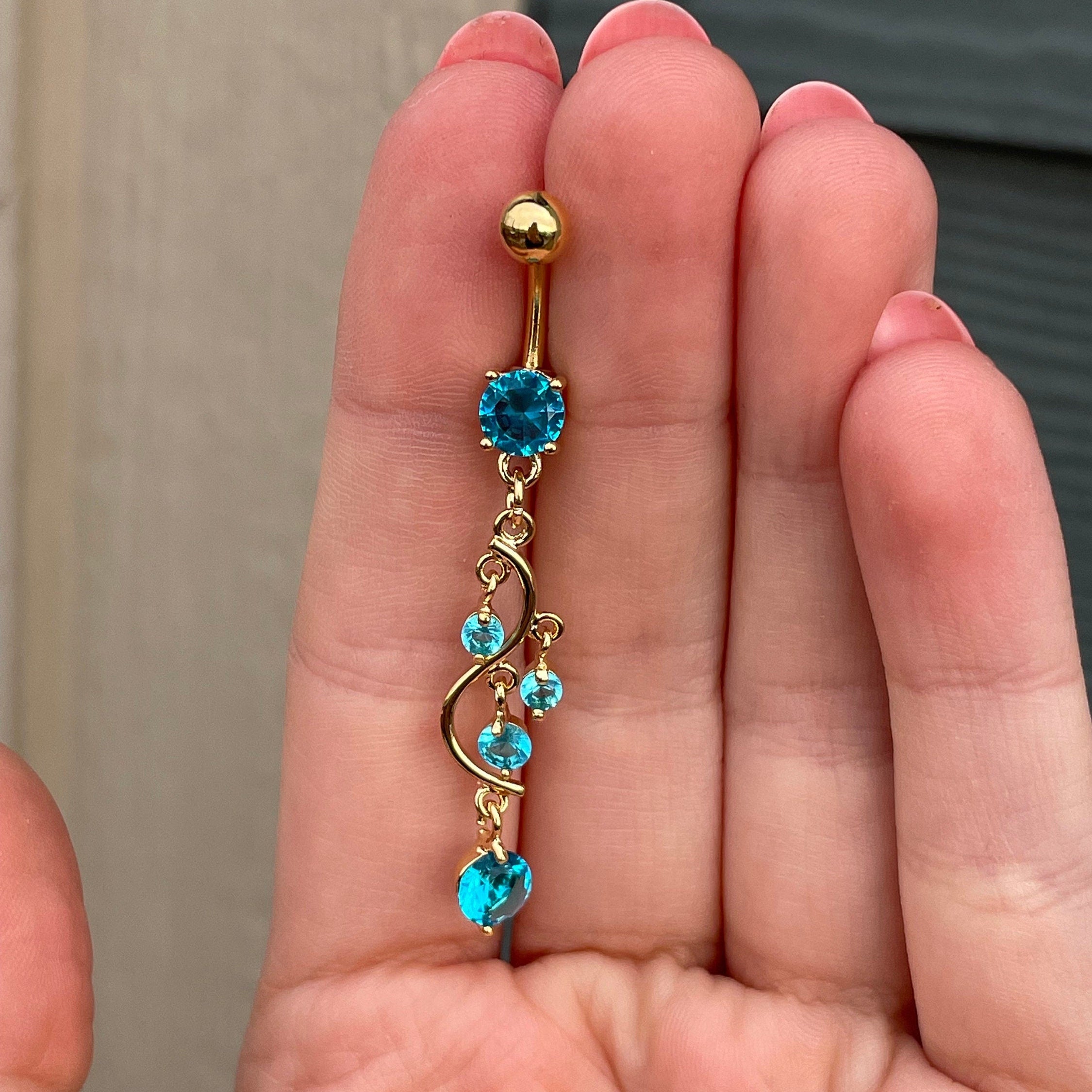 Gold Aqua Belly Button Ring Dangly (14G | 10mm | Surgical Steel | Multiple Color Options)