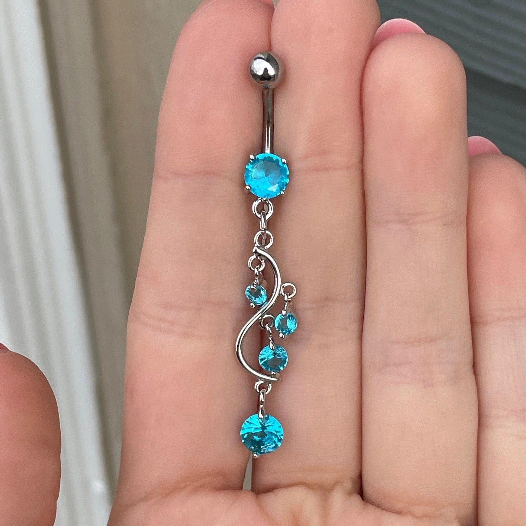 Long Dangly Silver Blue Belly Button Piercing (14G | 10mm | Surgical Steel | Multiple Metal Color & CZ Color Options)