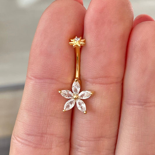 Internally Threaded Gold Flower Belly Button Ring (14G | 10mm | Surgical Steel | Gold, Silver or Rose Gold)