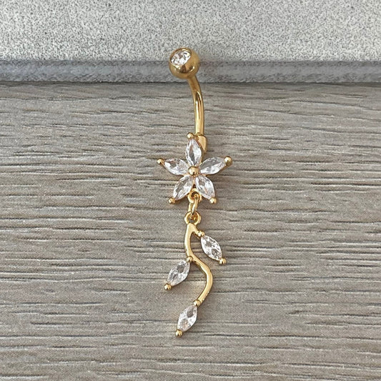 Gold Flower Belly Button Piercing (14G | 10mm | Surgical Steel | Gold, Silver or Rose Gold)