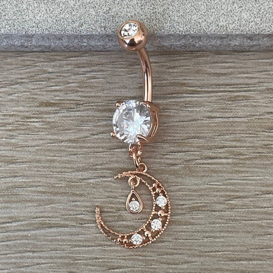 Rose Gold Moon Belly Button Piercing (14G | 10mm | Surgical Steel | Rose Gold, Gold or Silver)