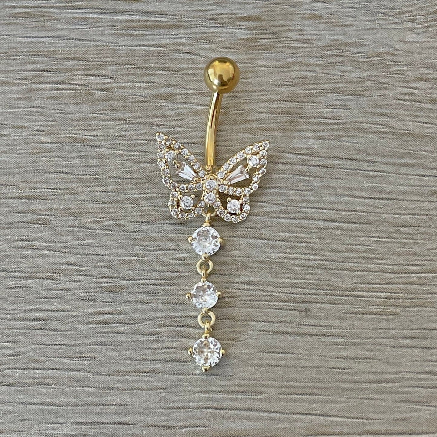 Gold Butterfly Belly Button Ring (14G | 10mm | Surgical Steel | Gold, Silver, and Silver with Pink CZs)