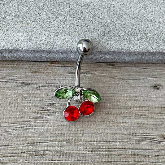 Silver Cherry Belly Button Piercing (14G | 10mm | Surgical Steel)