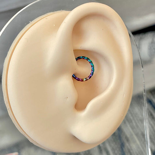 Twisted Rainbow Daith Earring (16G | 8mm | Surgical Steel | Rainbow, Black, Silver, Gold, or Rose Gold)