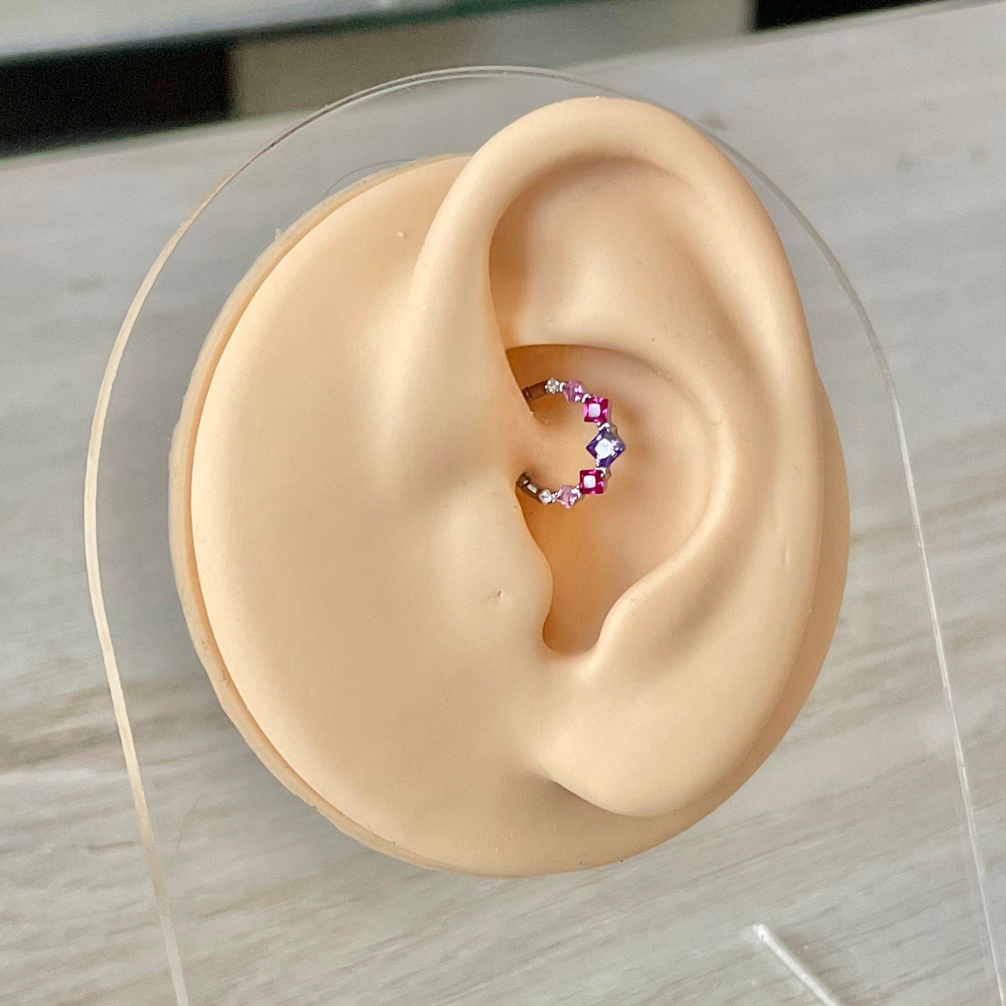 Cute Titanium Daith Earring (16G | 8mm or 10mm | Titanium | Silver w/Clear or Multi-Colored CZ)