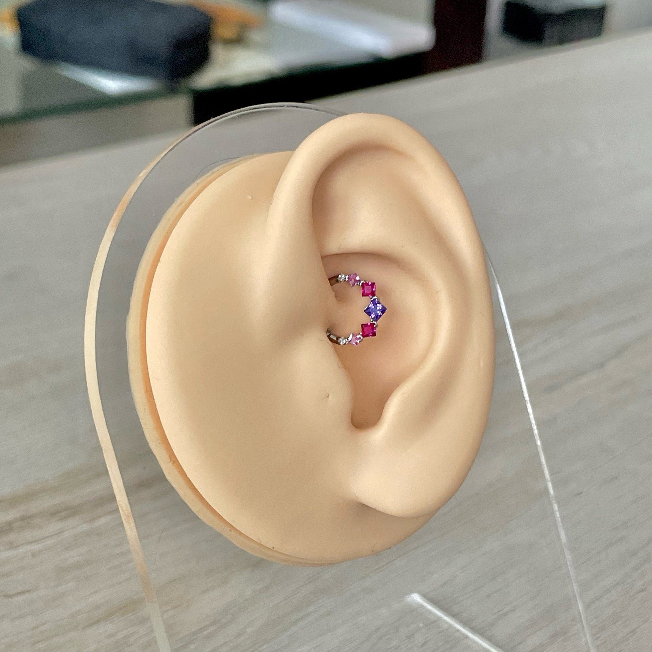Cute Titanium Daith Earring (16G | 8mm or 10mm | Titanium | Silver w/Clear or Multi-Colored CZ)