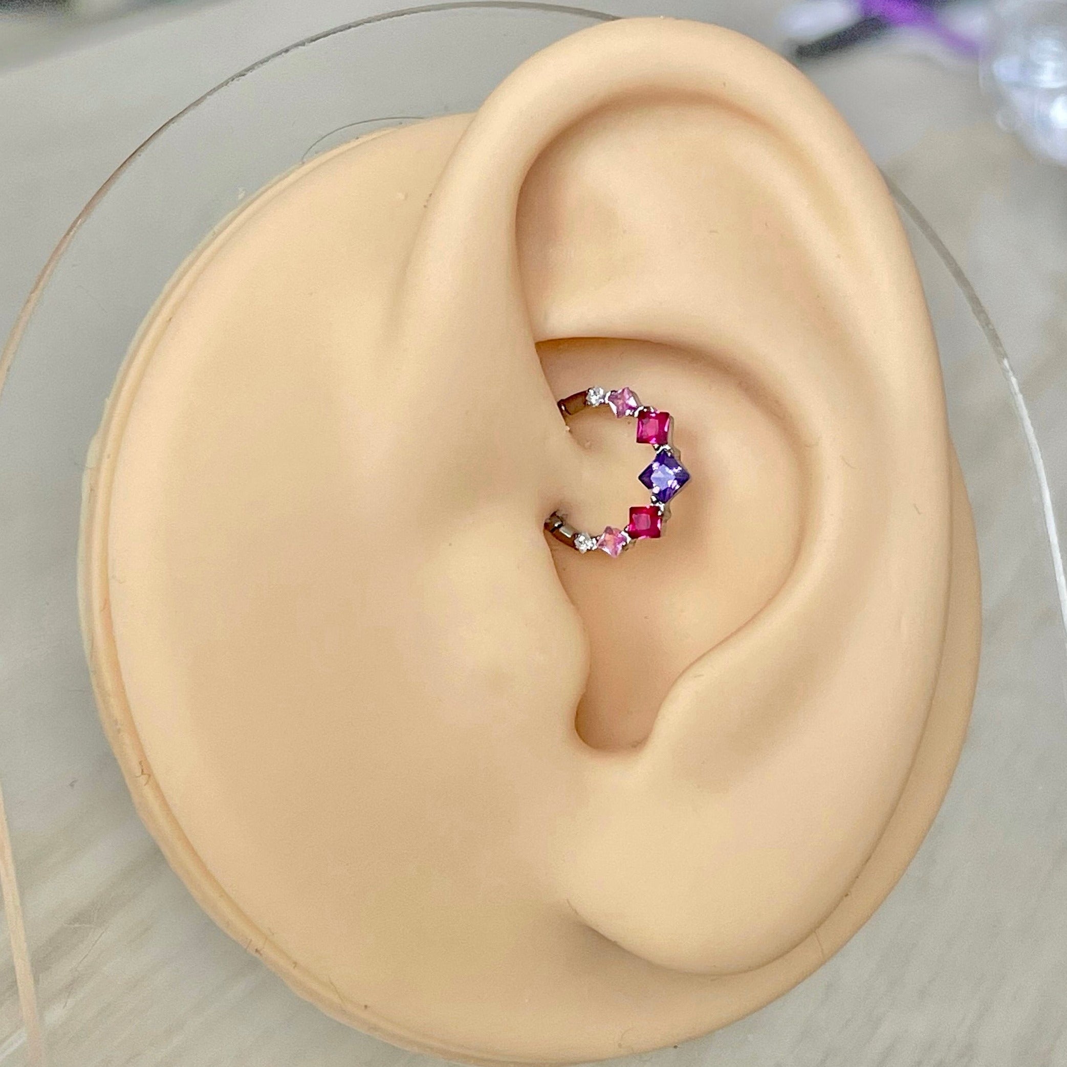 Cute Titanium Daith Earring (16G | 8mm or 10mm | Titanium | Silver w/Clear or Multi-Colored CZ)