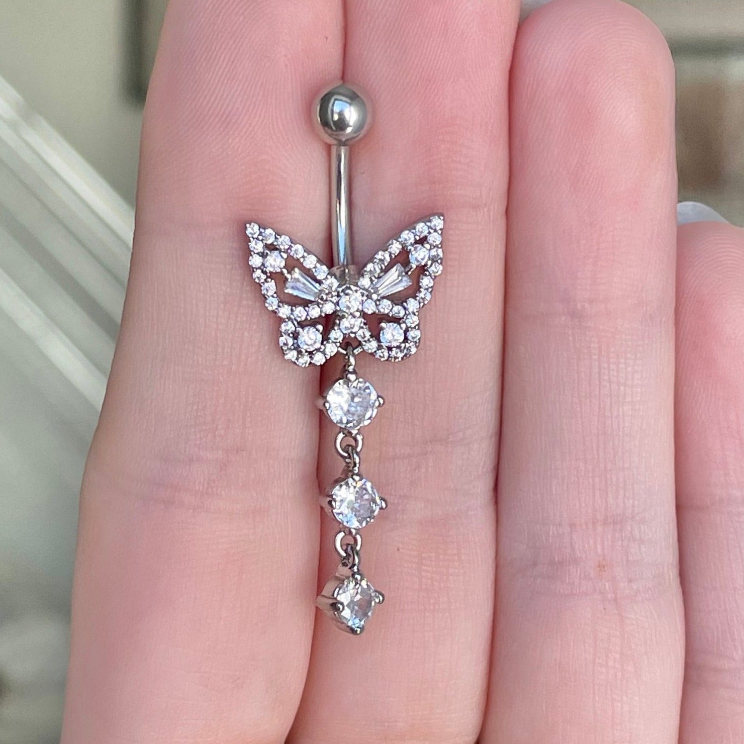 Silver Butterfly Belly Button Piercing (14G | 10mm | Surgical Steel | Silver with clear CZs, Silver with pink CZs, or Gold with clear CZs)