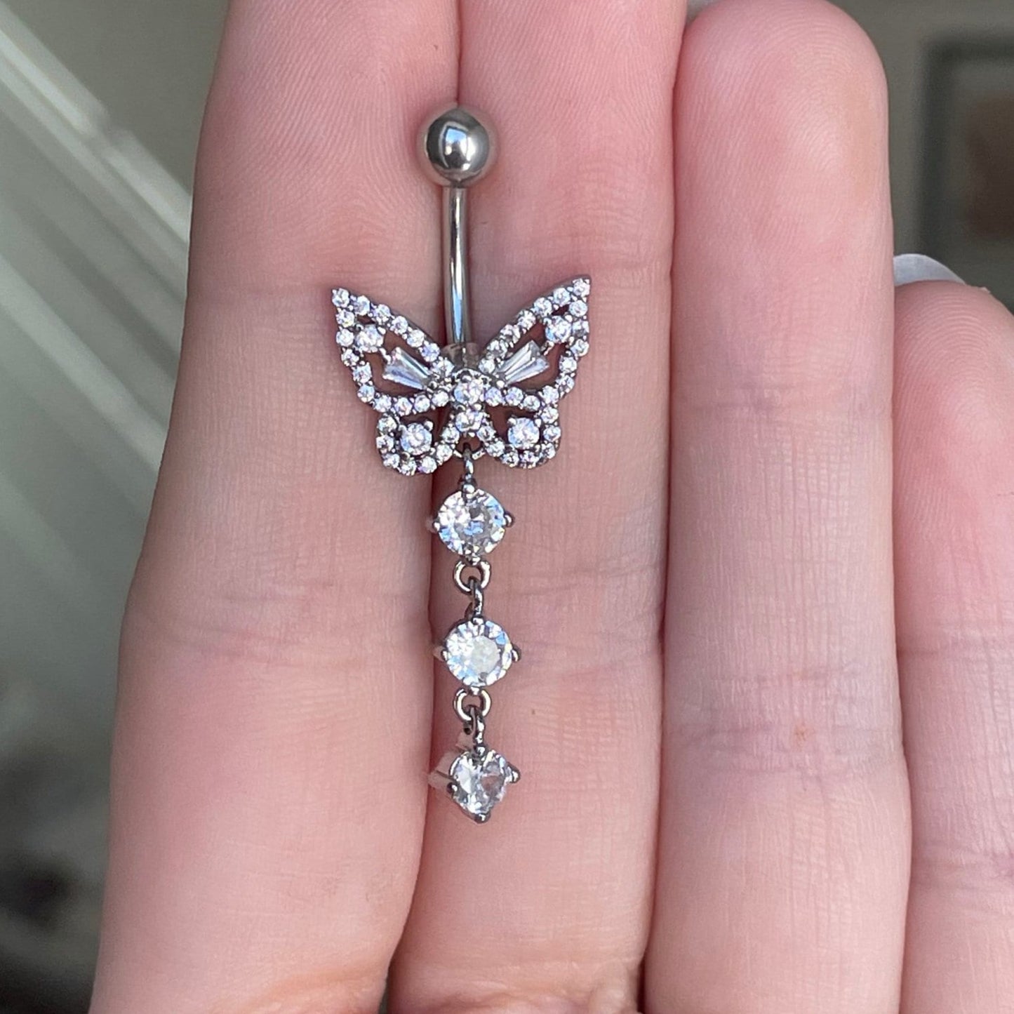 Silver Butterfly Belly Button Piercing (14G | 10mm | Surgical Steel | Silver with clear CZs, Silver with pink CZs, or Gold with clear CZs)