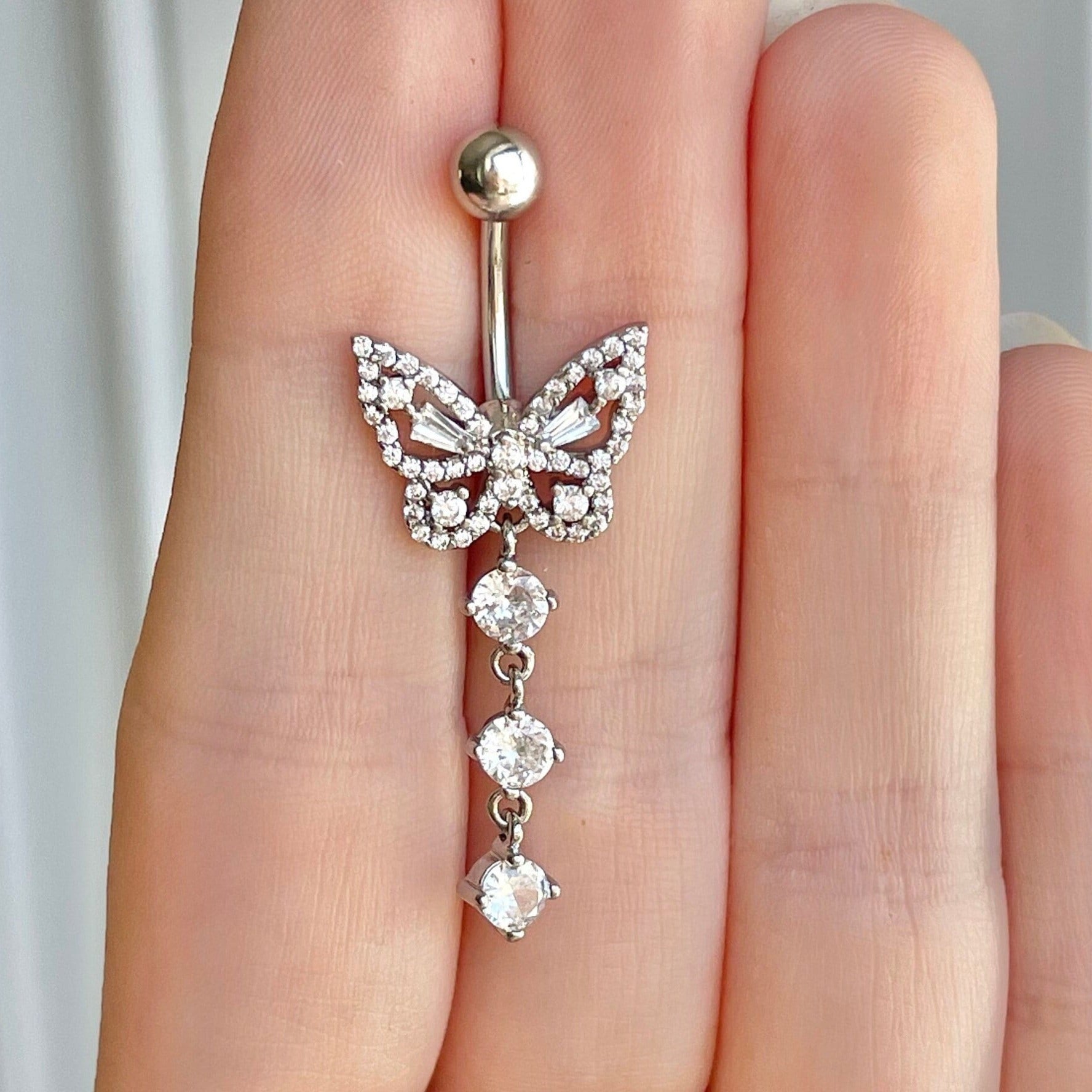 Silver Butterfly Belly Button Piercing (14G | 10mm | Surgical Steel | Silver with clear CZs, Silver with pink CZs, or Gold with clear CZs)