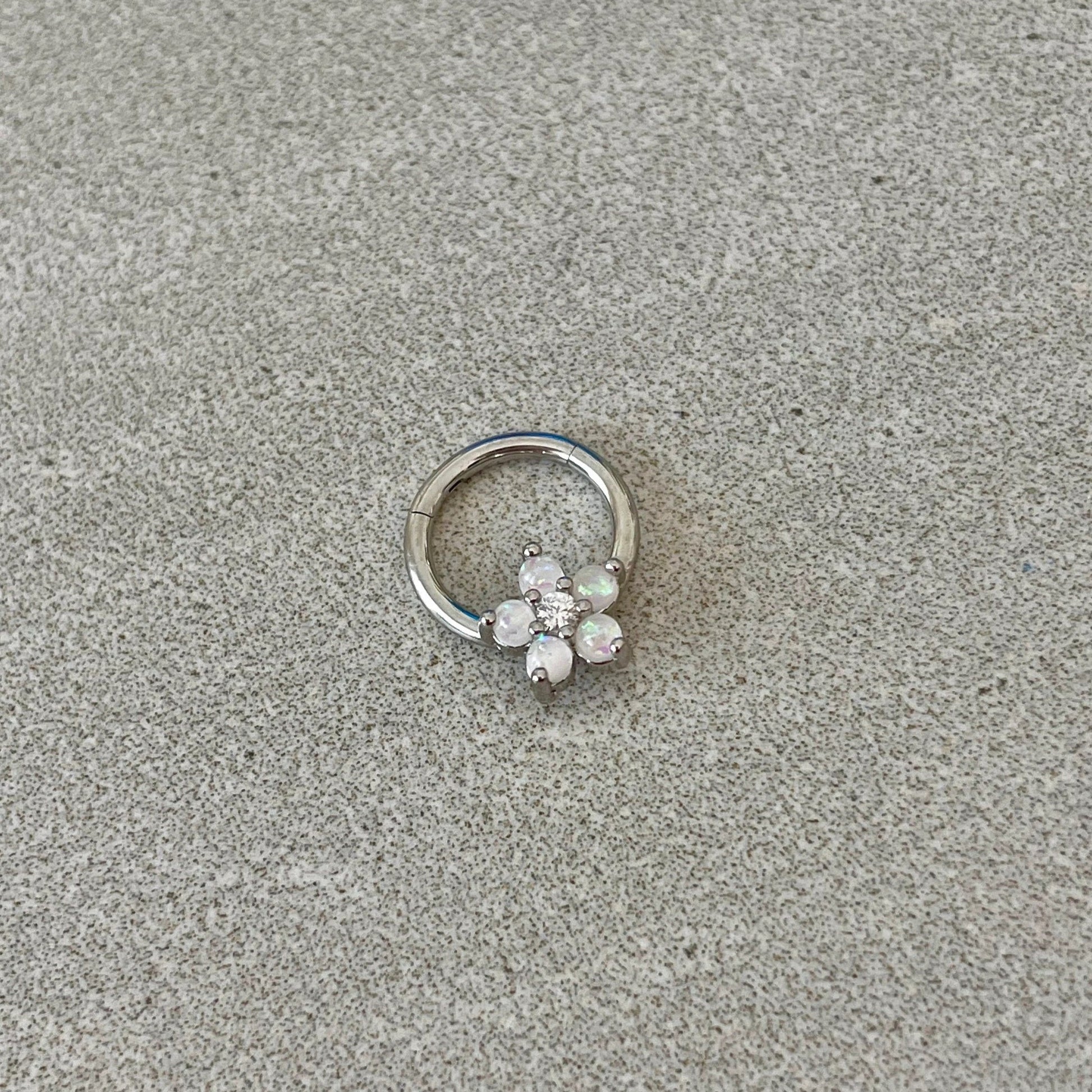 Silver Opal Flower Daith Earring (16G, 8mm, Surgical Steel)