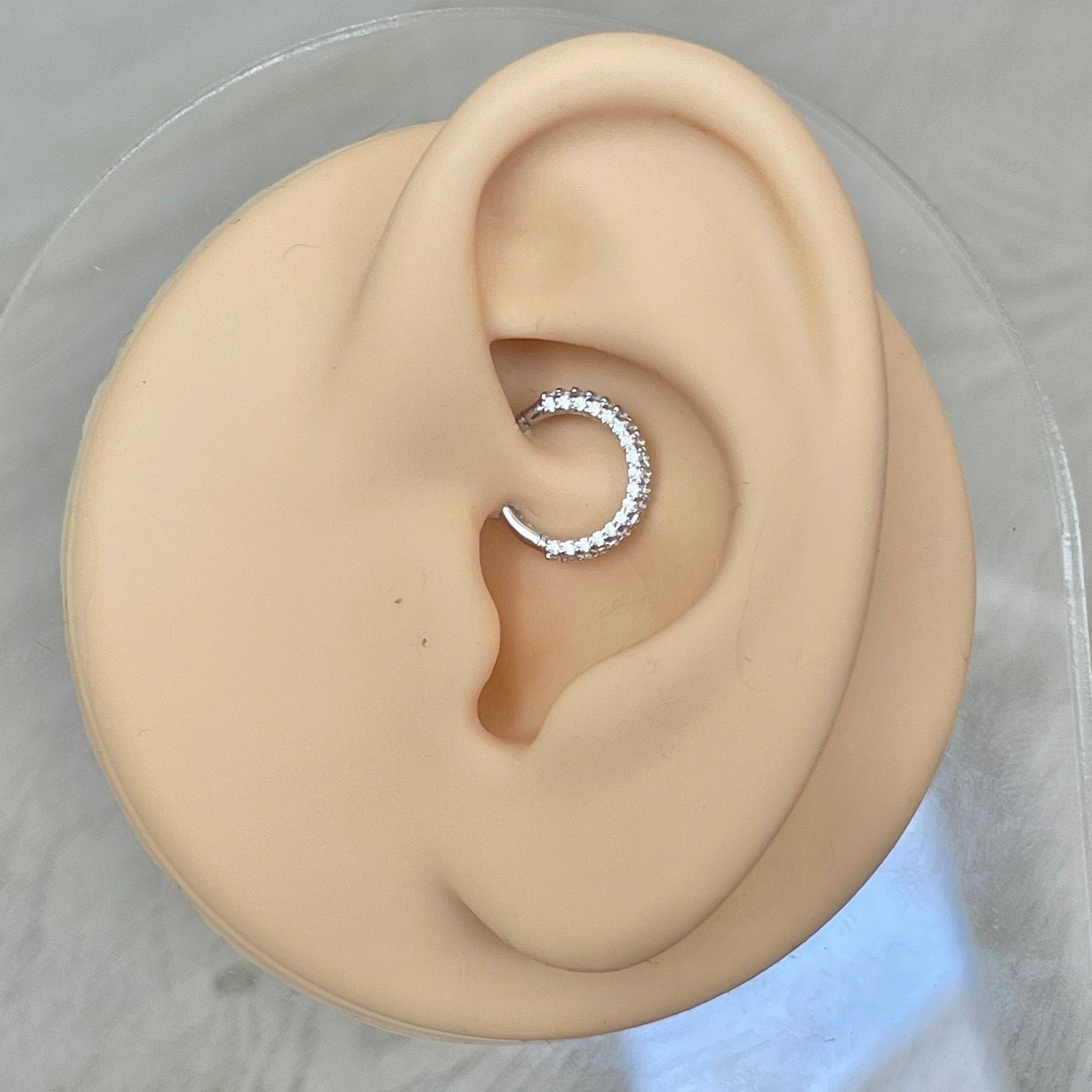 Solid White Gold CZ Daith Earring (16G, 8mm or 10mm, Solid White or Yellow Gold)