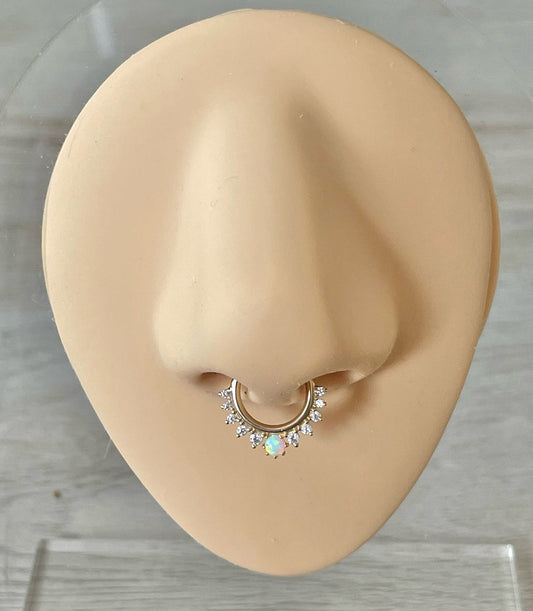 Solid Gold Opal & CZ Septum Piercing (16G | 8mm or 10mm | 14k Solid Gold | White or Yellow Gold)