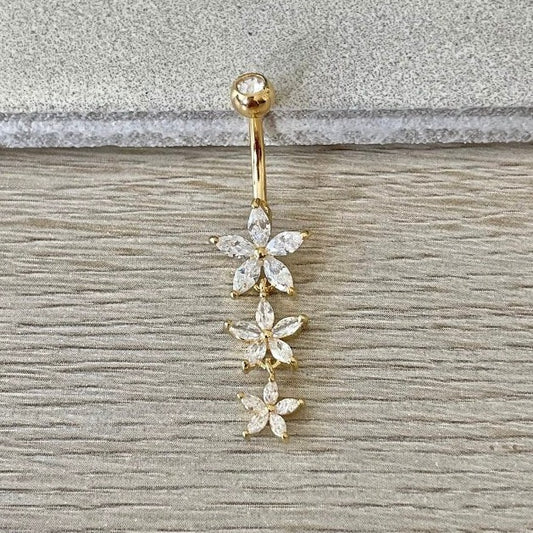 Rose Gold Flower Dangly Belly Button Ring (14G | 10mm | Surgical Steel | Gold, Rose Gold, or Silver)