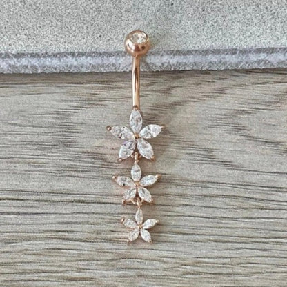 Dangly Flower Belly Button Piercing (14G | 10mm | Surgical Steel | Gold, Rose Gold, or Silver)