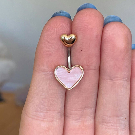 Gold & Pink Heart Belly Button Ring (14G | 10mm | Surgical Steel | Silver or Gold)