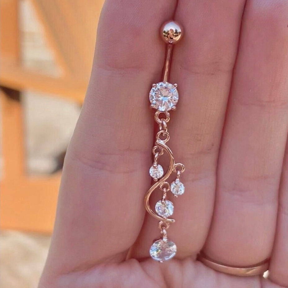 Gold & Pink Belly Button Ring (14G | 10mm | Surgical Steel | Gold w/Pink, Aqua, Purple, Clear CZs; Silver w/Pink, Clear, Aurora, Purple or Aqua CZs, or Rose Gold w/Clear CZs)
