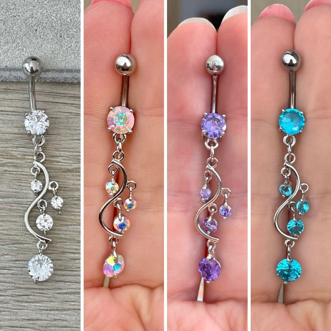 Long Dangly Silver Blue Belly Button Piercing (14G | 10mm | Surgical Steel | Multiple Metal Color & CZ Color Options)
