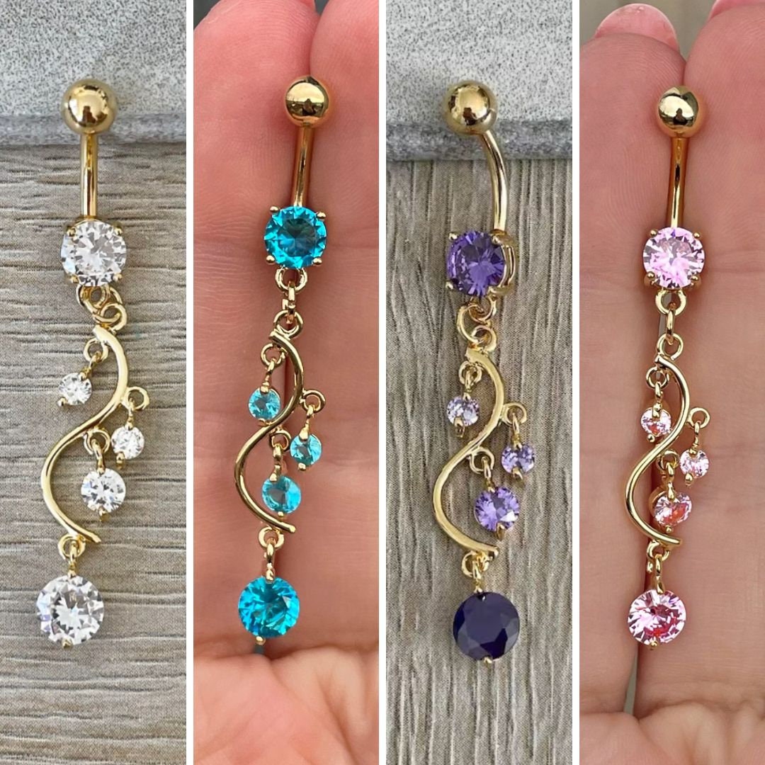 Long Dangly Silver Blue Belly Button Piercing (14G | 10mm | Surgical Steel | Multiple Metal Color & CZ Color Options)
