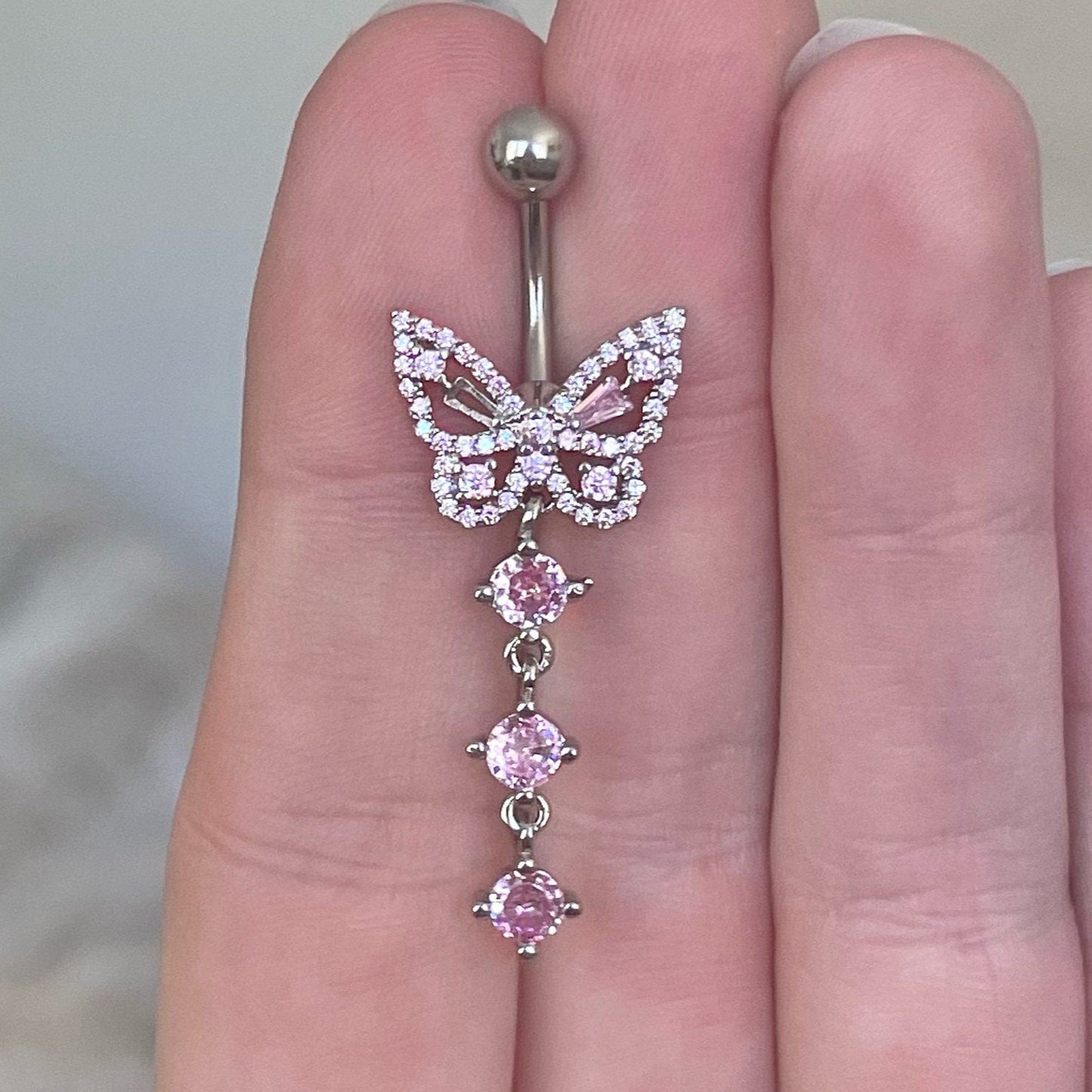 Silver Butterfly Belly Button Piercing (14G | 10mm | Surgical Steel | Silver with clear CZs, Silver with pink CZs, or Gold with clear CZs)