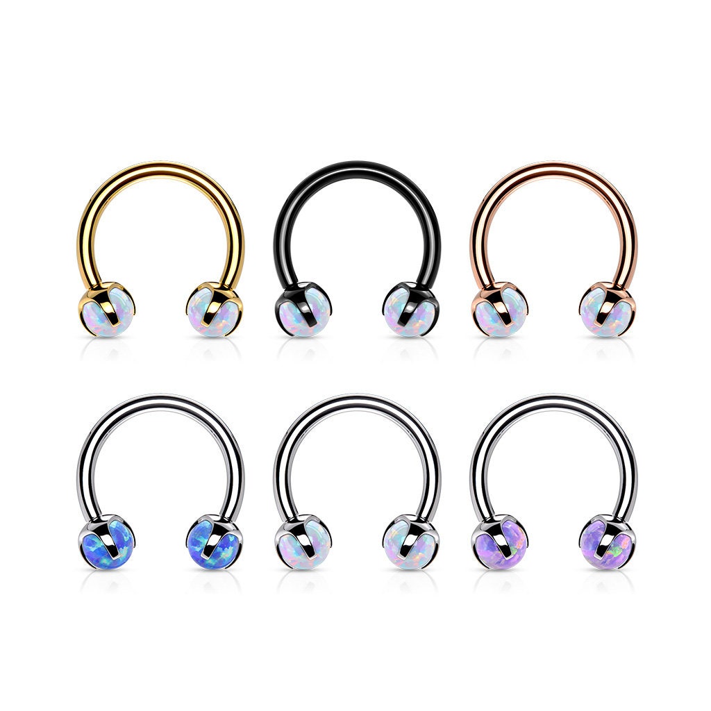 Internally Threaded Opal Horseshoe Septum Piercing (16G | 8mm | Surgical Steel | Silver w/White, Blue, or Purple Opals, Gold, Black or Rose Gold)