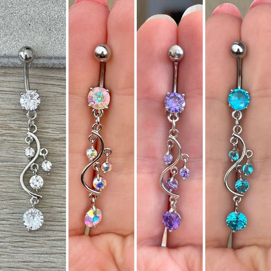 Silver & Purple Dangly Belly Button Ring (14G | 10mm | Surgical Steel | Multiple Metal & CZ Color Options)