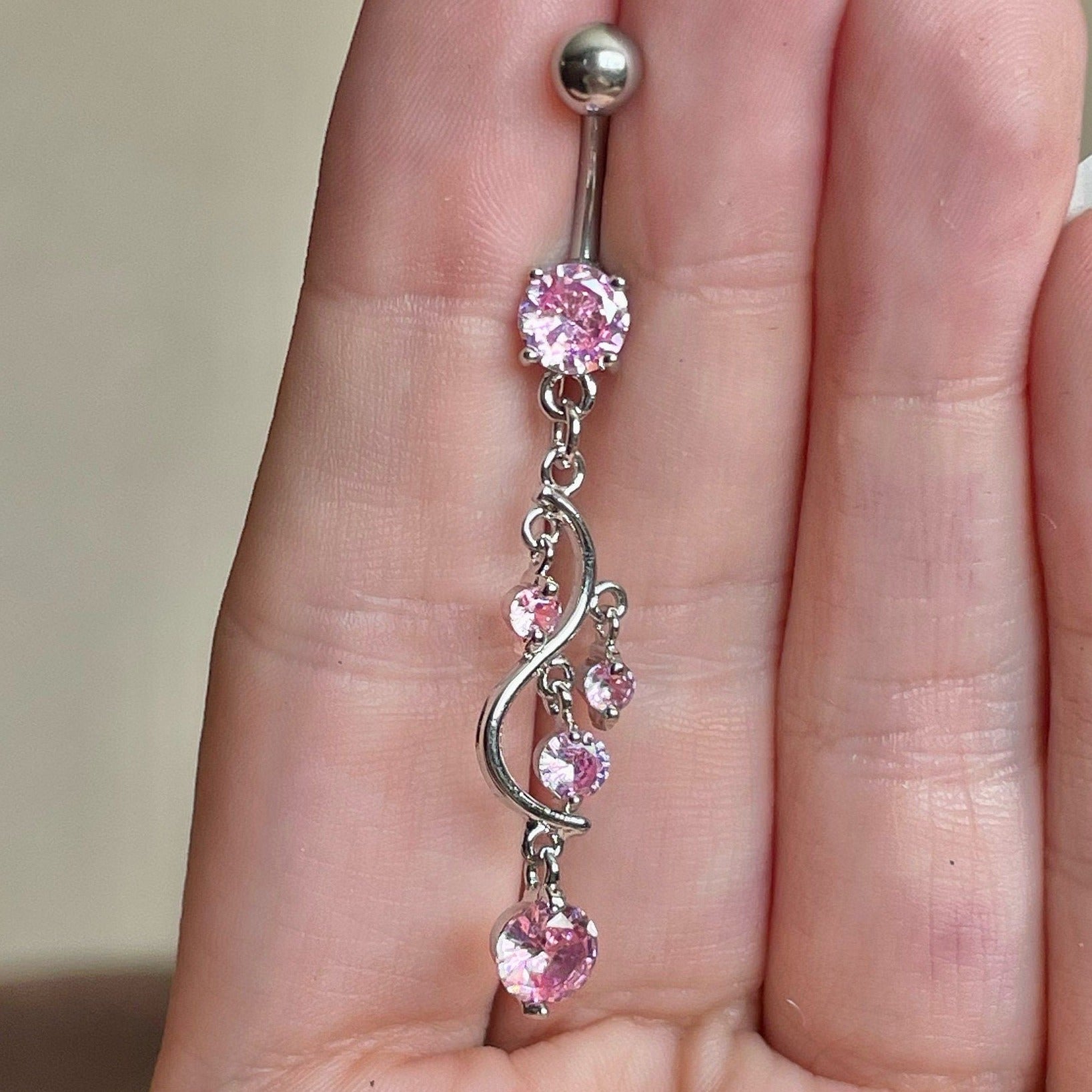 Long Dangly Silver Blue Belly Button Piercing (14G | 10mm | Surgical Steel | Multiple Metal Color & CZ Color Options)