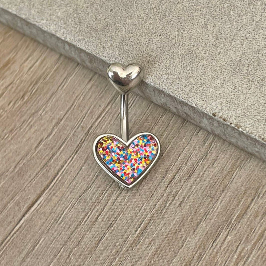 Silver Heart Belly Button Piercing (14G | 10mm | Surgical Steel | Silver or Gold)