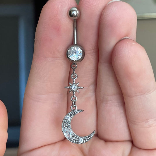 Silver Moon Belly Button Ring (14G | 10mm | Surgical Steel | Silver or Gold)