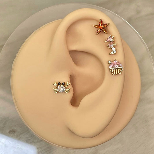 Cute Ocean Themed Stud Piercing (20G | 6mm | Surgical Steel | Silver or Gold | Starfish, Jellyfish, Seahorse, or Crab))