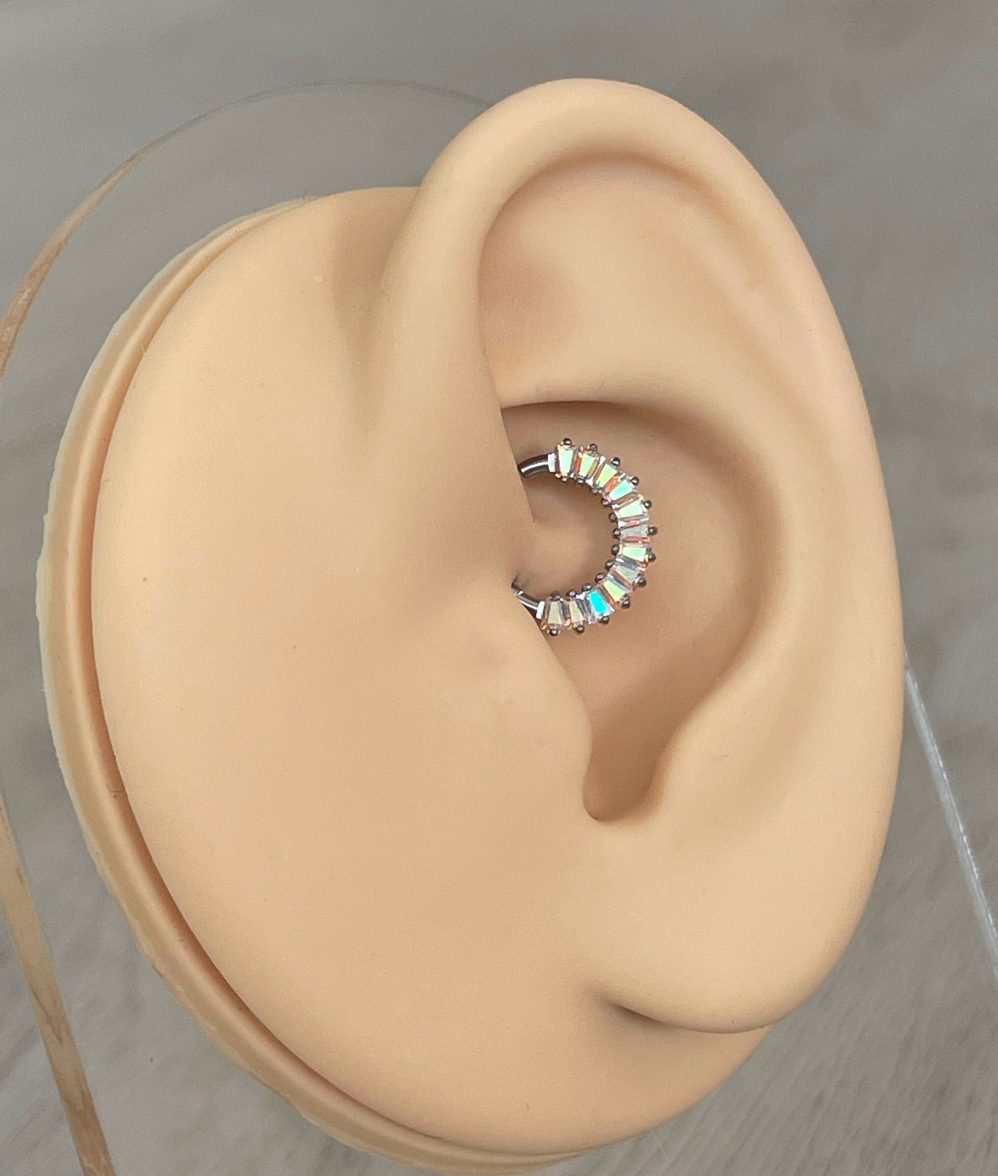 Titanium Crystal Daith Piercing (16G, 8mm or 10mm, Titanium, Silver with Aurora Color-Shifting CZs, Silver with Clear CZs, Gold with Clear CZs, Gold with Black CZs, Black with Dark CZs)