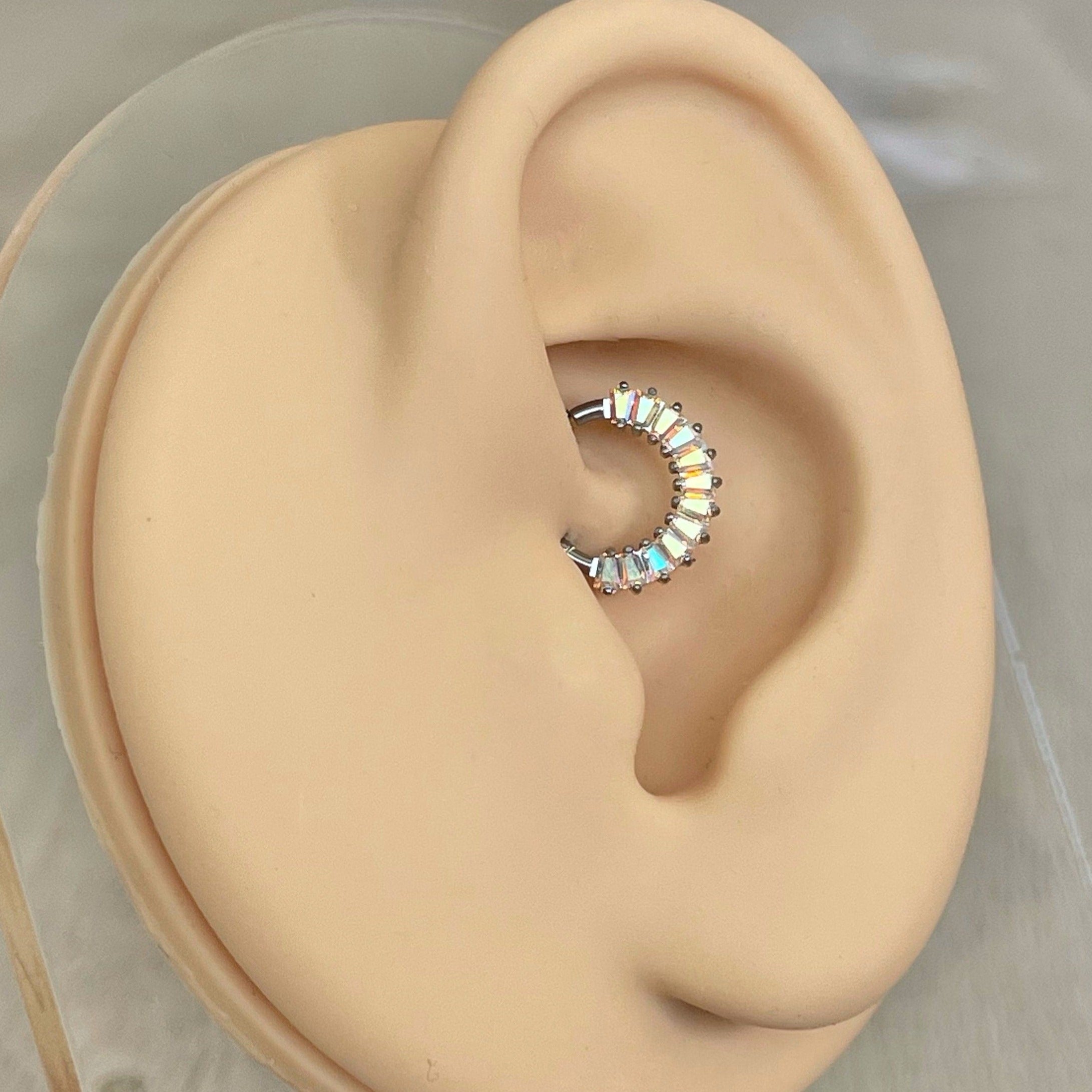 Titanium Crystal Daith Piercing (16G, 8mm or 10mm, Titanium, Silver with Aurora Color-Shifting CZs, Silver with Clear CZs, Gold with Clear CZs, Gold with Black CZs, Black with Dark CZs)