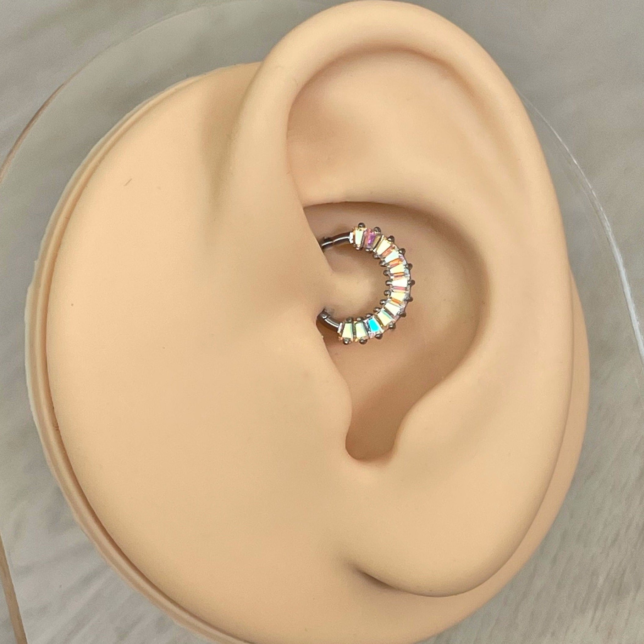 Titanium Crystal Daith Piercing (16G, 8mm or 10mm, Titanium, Silver with Aurora Color-Shifting CZs, Silver with Clear CZs, Gold with Clear CZs, Gold with Black CZs, Black with Dark CZs)