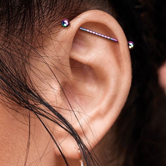 Rainbow w/ CZ Industrial Piercing Jewelry (14G | 38mm | Surgical Steel | Many Color Options)