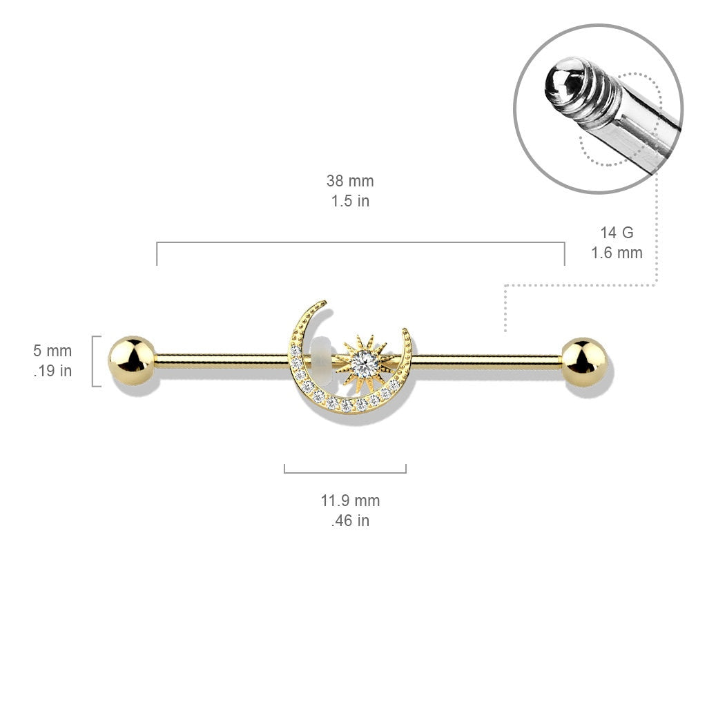 Silver Moon Industrial Piercing Jewelry (14G | 38mm | Surgical Steel | Silver, Gold or Rose Gold)
