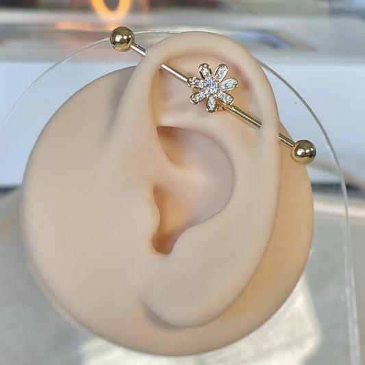 Gold Floral Industrial Piercing Jewelry (14G | 38mm | Surgical Steel | Gold, Silver or Rose Gold)