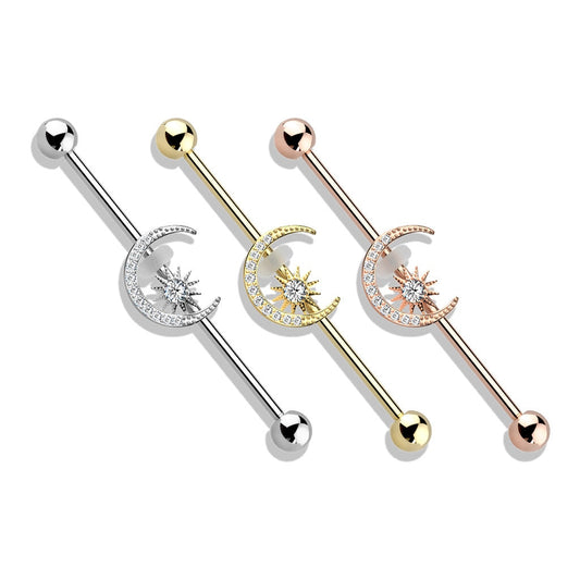 Silver Moon Industrial Piercing Jewelry (14G | 38mm | Surgical Steel | Silver, Gold or Rose Gold)