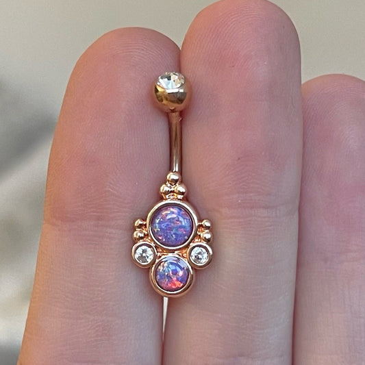 Rose Gold Purple Opal Belly Button Piercing (14G | 10mm | Surgical Steel | Gold w/White Opal, Rose Gold w/Purple Opal, or Silver w/White Opal)