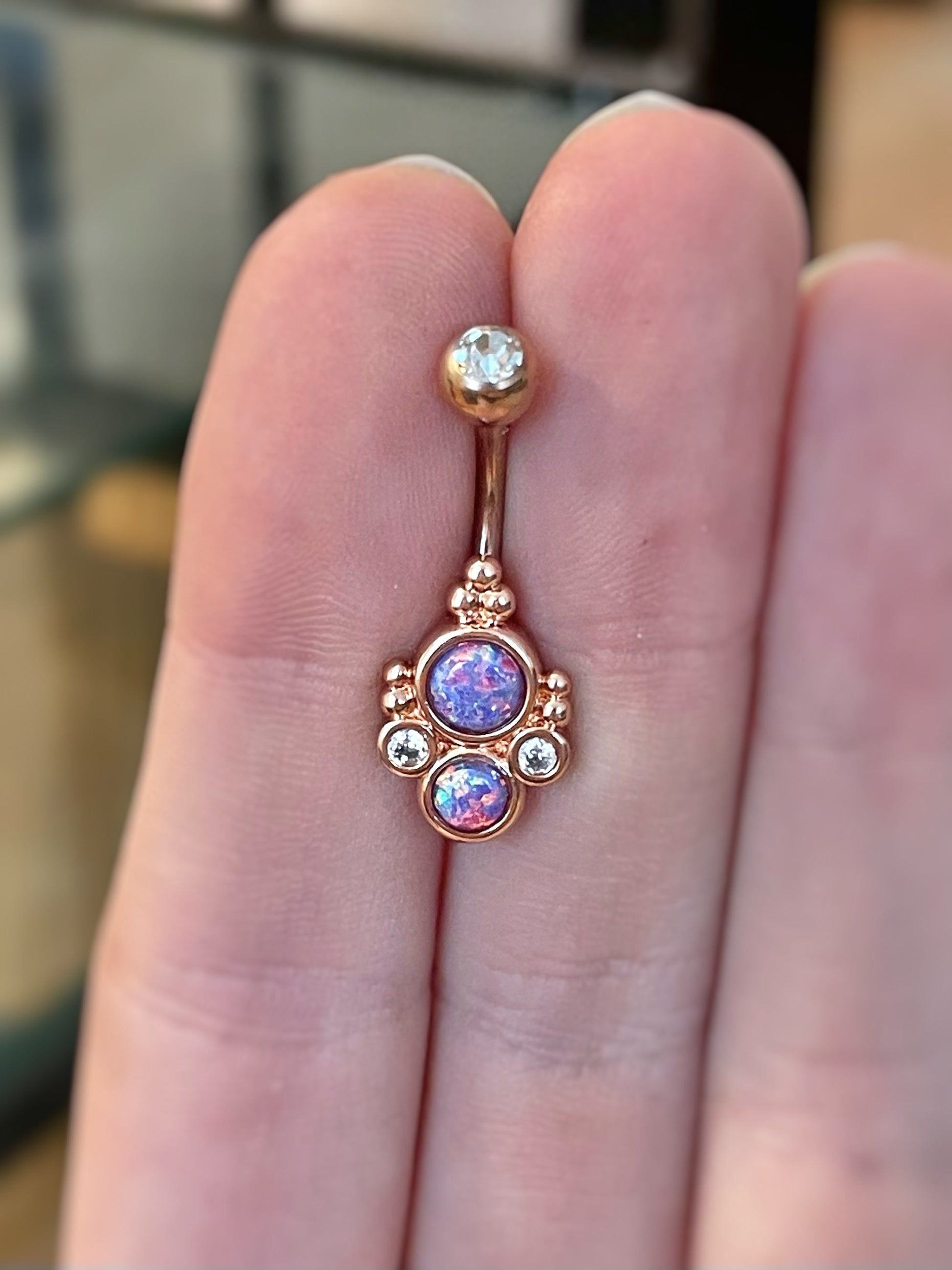 Rose Gold Purple Opal Belly Button Piercing (14G | 10mm | Surgical Steel | Gold w/White Opal, Rose Gold w/Purple Opal, or Silver w/White Opal)