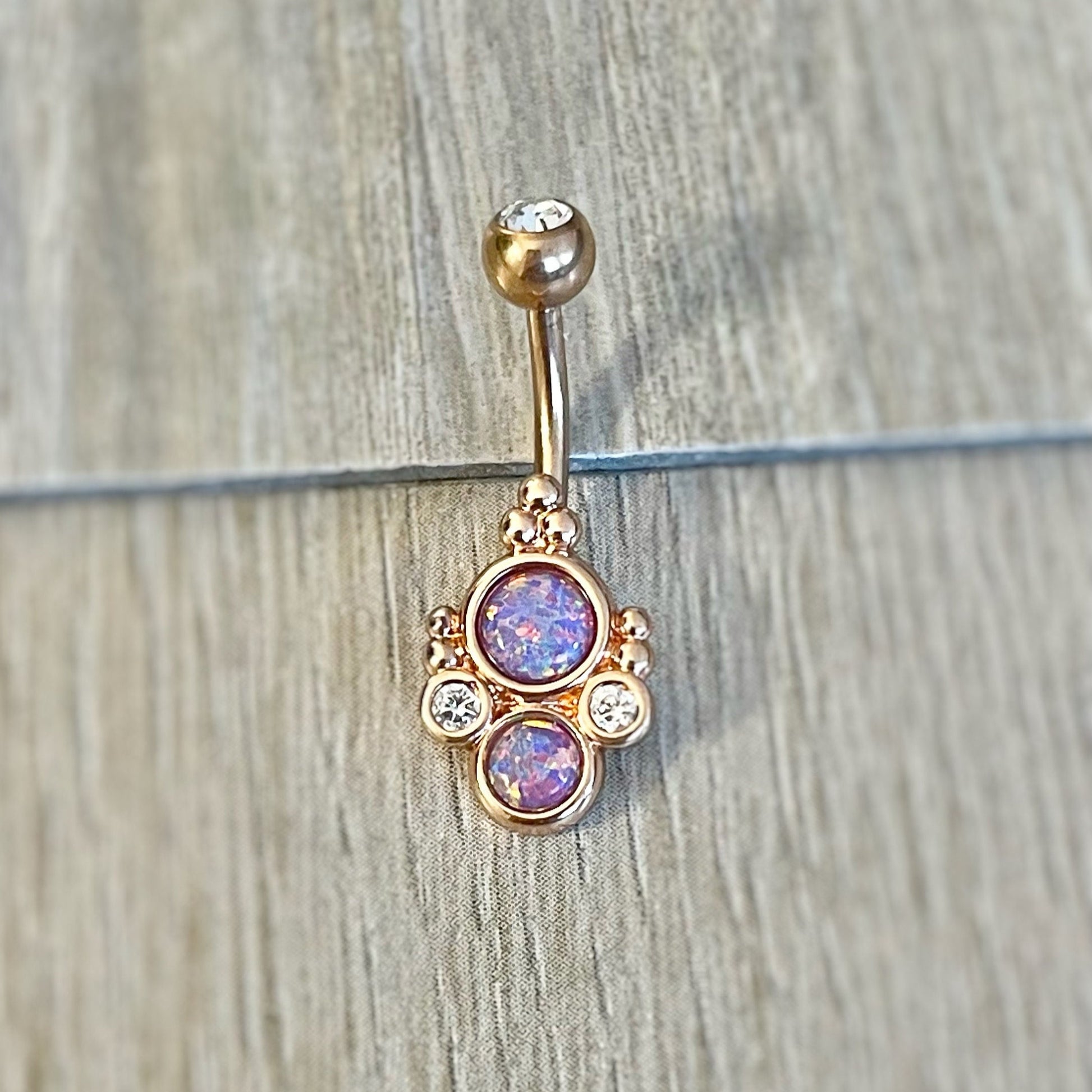 Rose Gold Purple Opal Belly Button Piercing (14G | 10mm | Surgical Steel | Gold w/White Opal, Rose Gold w/Purple Opal, or Silver w/White Opal)