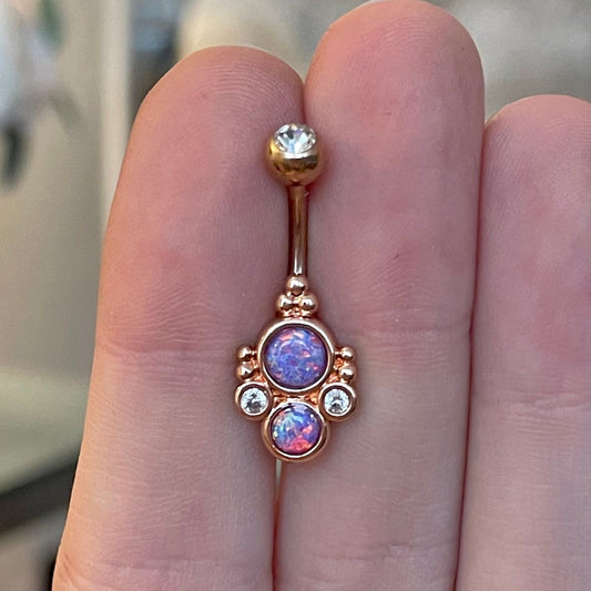 Rose Gold Purple Opal Belly Button Piercing (14G | 10mm | Surgical Steel | Gold w/White Opal, Rose Gold w/Purple Opal, or Silver w/White Opal)
