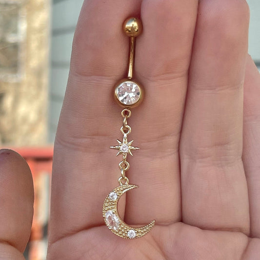 Gold Moon Belly Button Ring (14G | 10mm | Surgical Steel | Gold or Silver)
