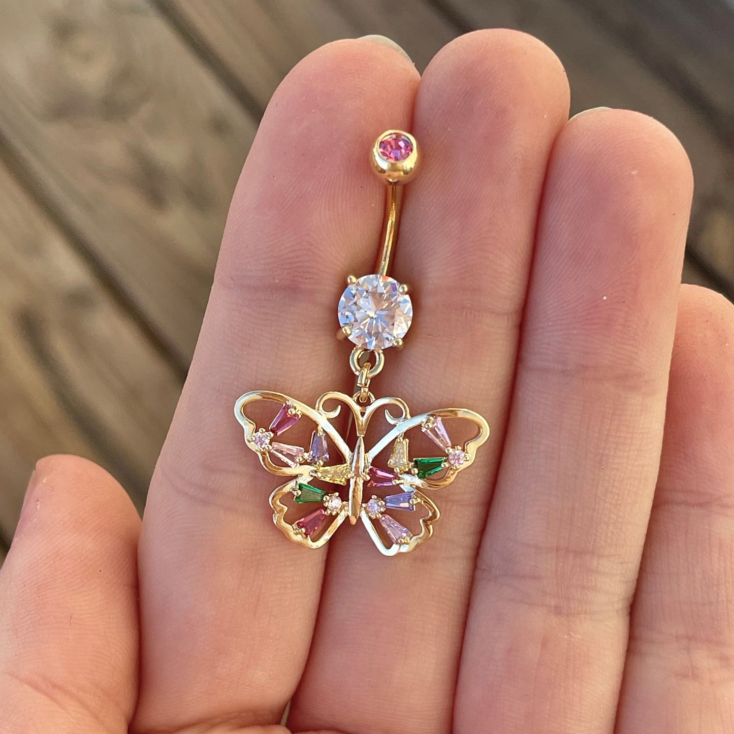 Colorful Gold Butterfly Belly Button Ring (14G | 10mm | Surgical Steel | Gold or Silver)