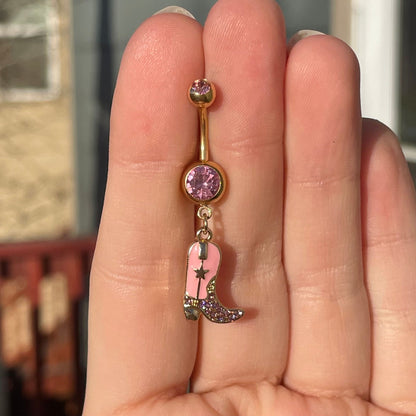 Cute Cowboy Boot Belly Button Piercing (14G | 10mm | Surgical Steel | Gold w/Pink Accents, Silver w/Blue Accents)