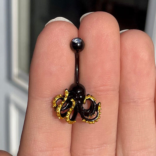 Unique Black & Gold Octopus Belly Button Ring (14G | 10mm | Surgical Steel)