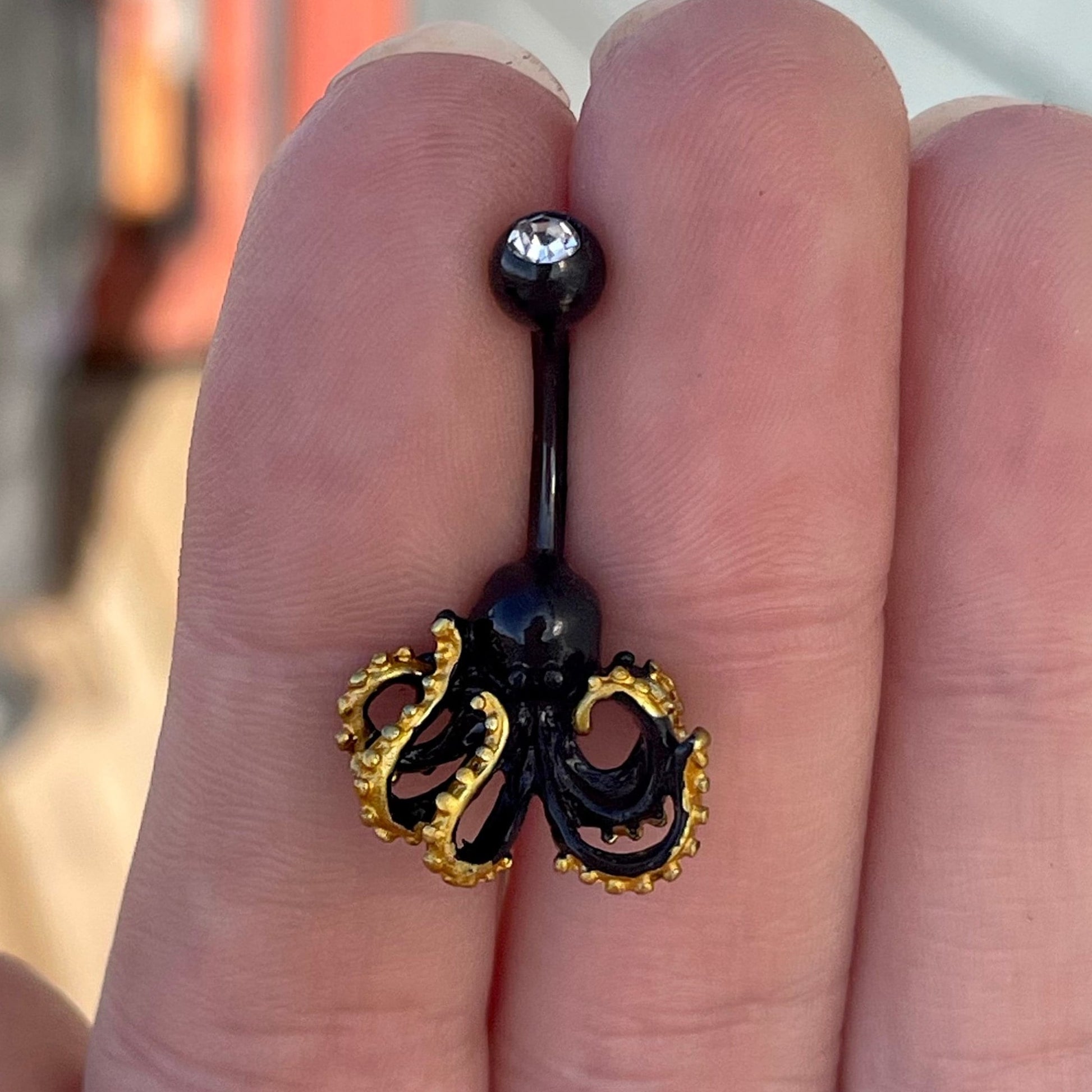 Unique Black & Gold Octopus Belly Button Ring (14G | 10mm | Surgical Steel)