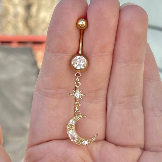 Gold Moon Belly Button Ring (14G | 10mm | Surgical Steel | Gold or Silver)