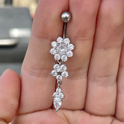 Dangly Silver Flower Belly Button Ring (14G | 10mm | Surgical Steel | Gold or Silver)