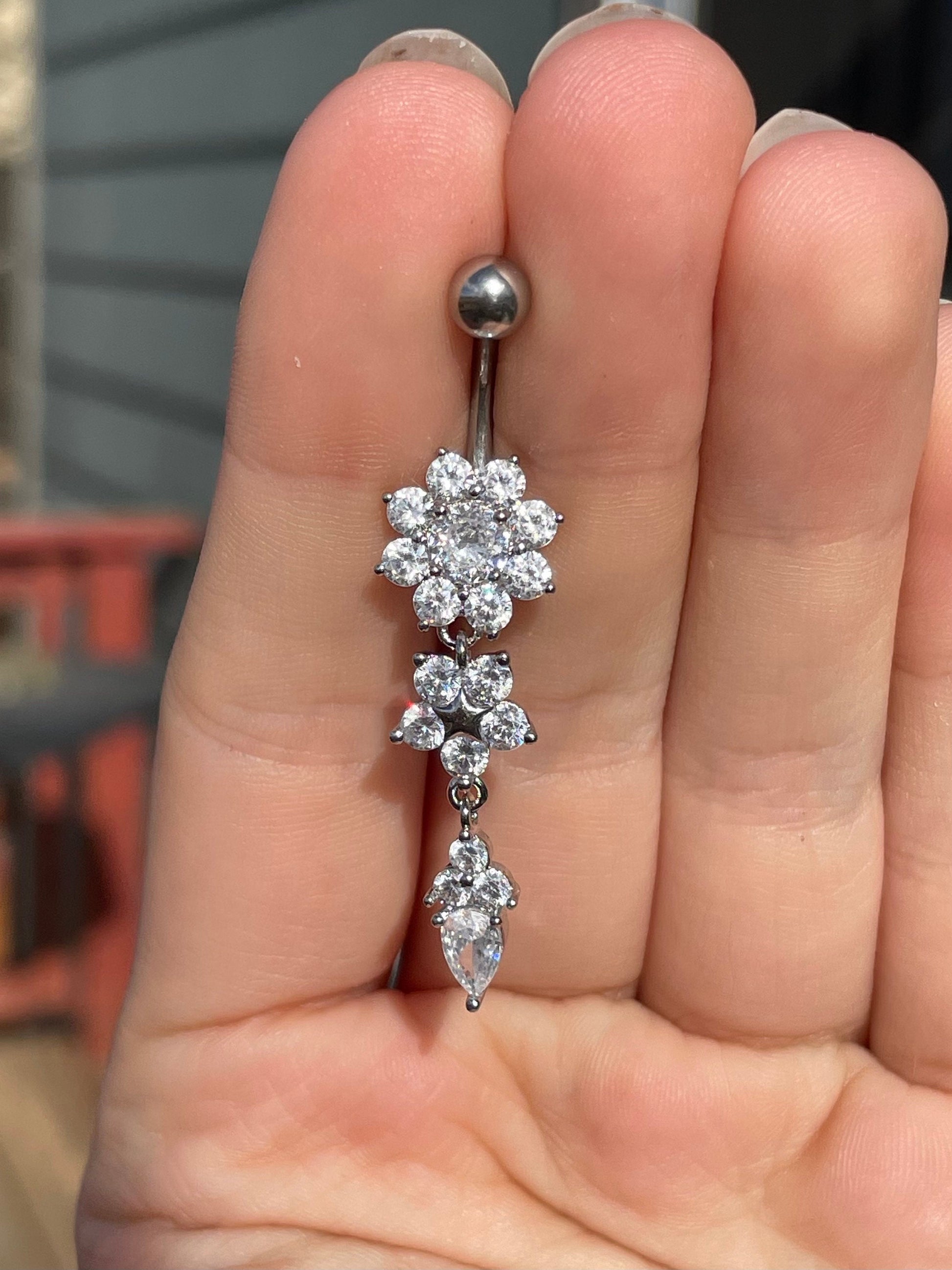Dangly Silver Flower Belly Button Ring (14G | 10mm | Surgical Steel | Gold or Silver)